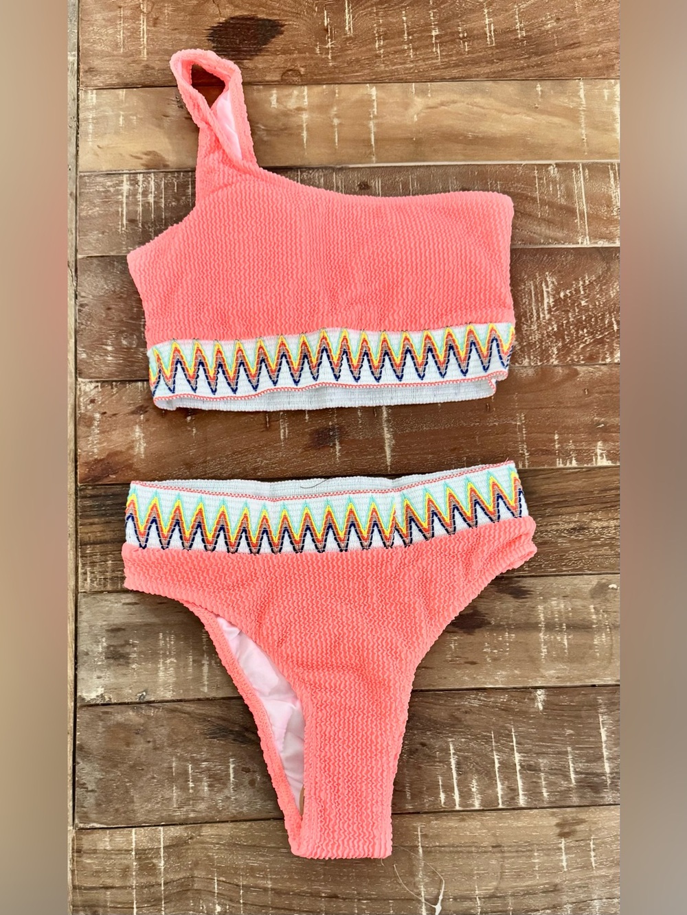 Boutique Coral One Shoulder Smocked Bikini Set XS